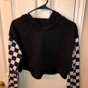 Black Crop Top Hoodie with Checkered Sleeves